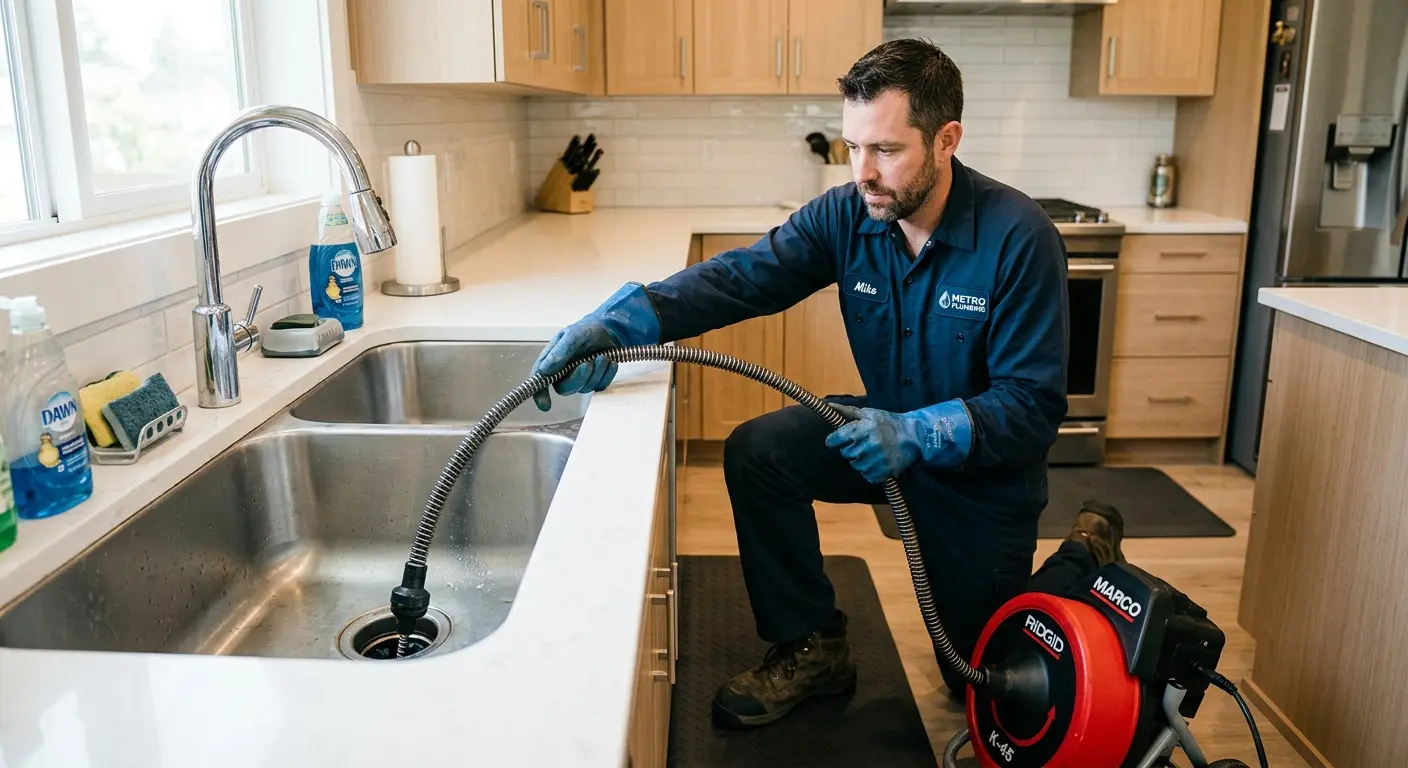 Drain cleaning technician using a motorized snake on a kitchen sink in Burtonsville