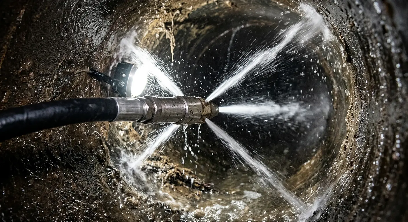 High-pressure hydro jetting nozzle cleaning sewer pipe for Sewer Cleanout in Burtonsville