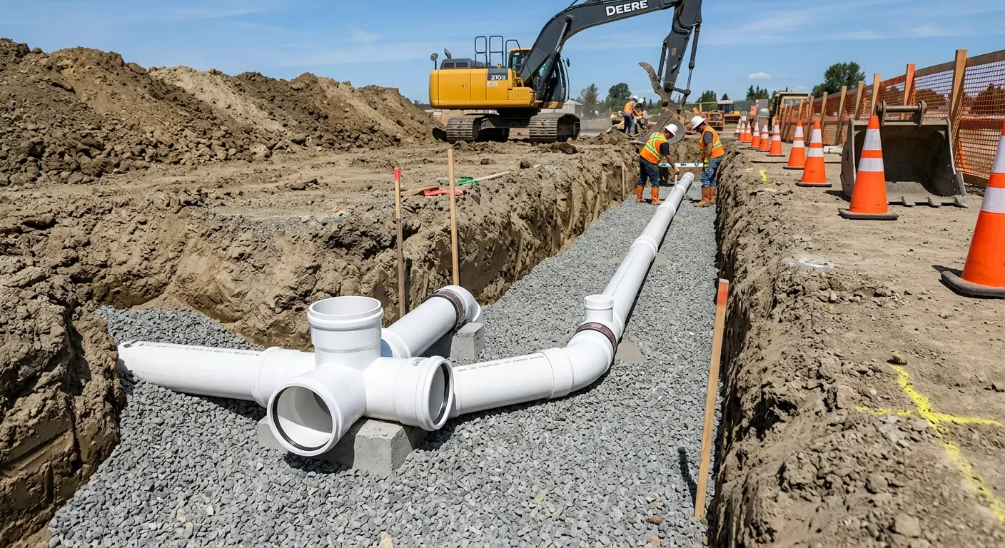 New PVC sewer pipe installation in open trench for Commercial Drain Cleaning in Burtonsville