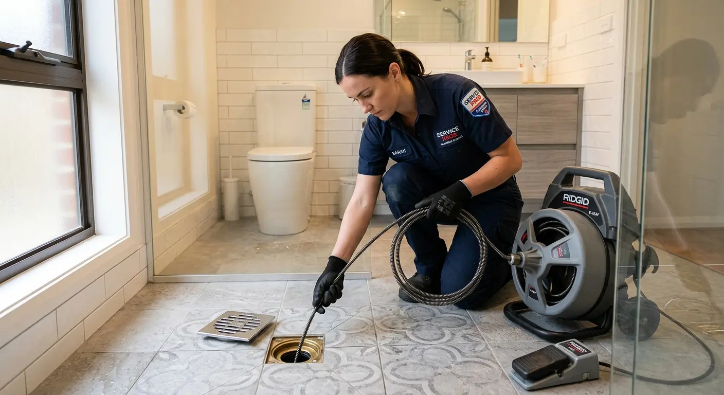 Technician clearing a bathroom floor drain for Clogged Drain Repair in Burtonsville